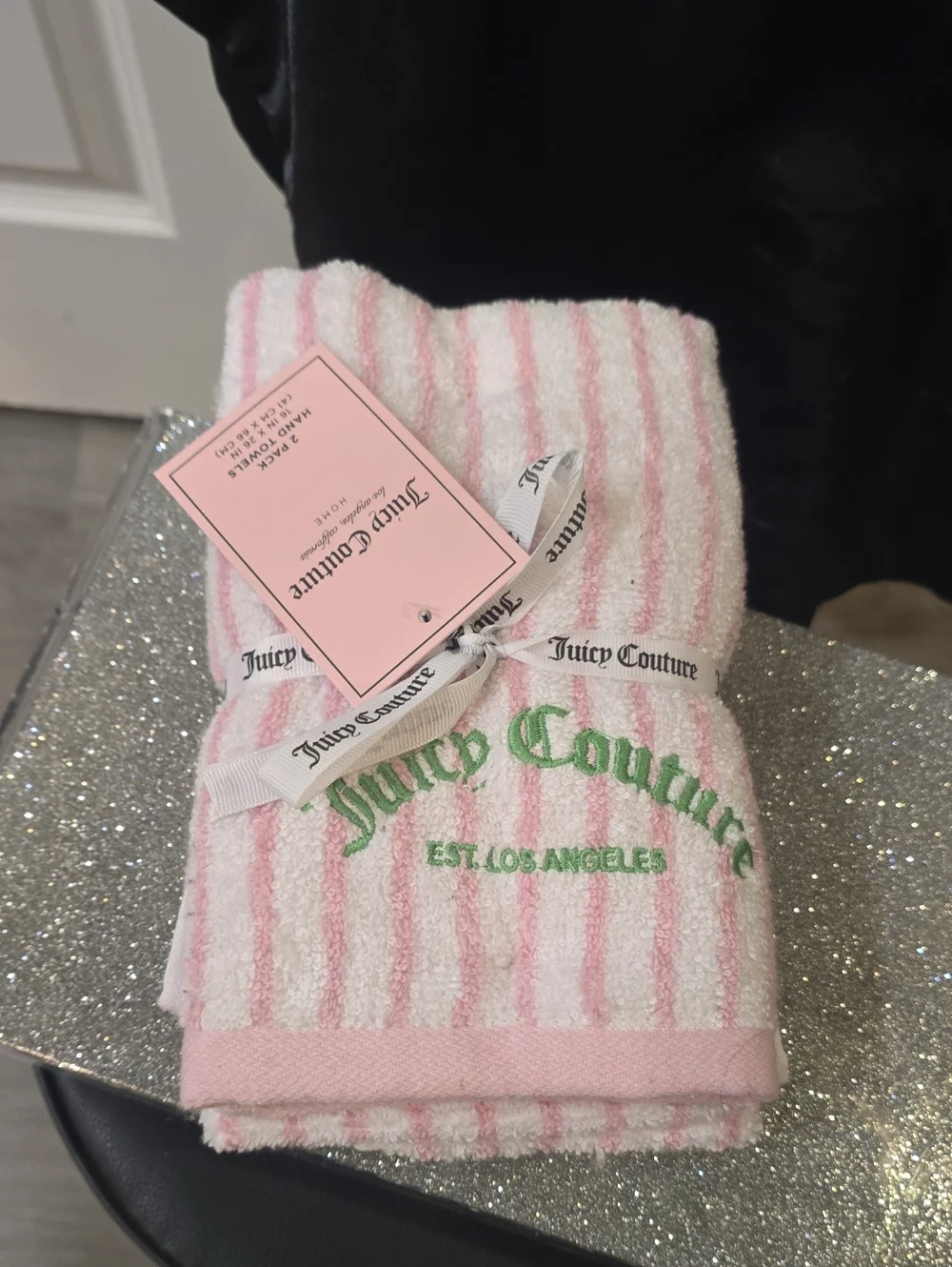 Juicy Couture Home Pink & White Striped Logo Hand Towel Set